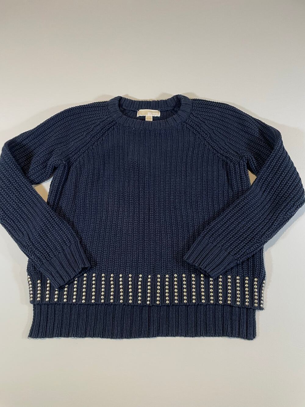 Michael Kors Knit Sweater Size S Navy Gold Decal Crewneck
